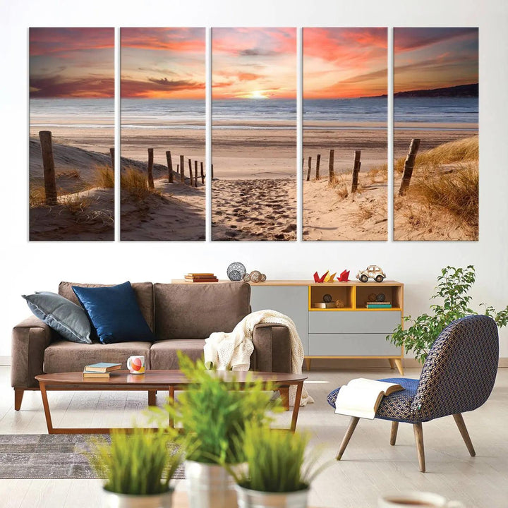 Serene Beach Path Sunset Canvas, Coastal Sand Dunes Wall Art, Vibrant Sunset, Ocean Seascape Triptych, Giclee Print on Canvas, Gallery Wrap Decor