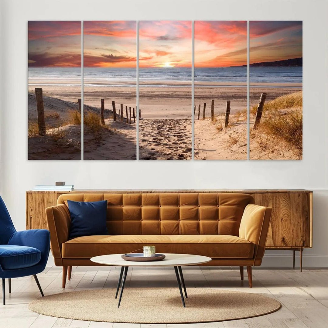 Serene Beach Path Sunset Canvas, Coastal Sand Dunes Wall Art, Vibrant Sunset, Ocean Seascape Triptych, Giclee Print on Canvas, Gallery Wrap Decor