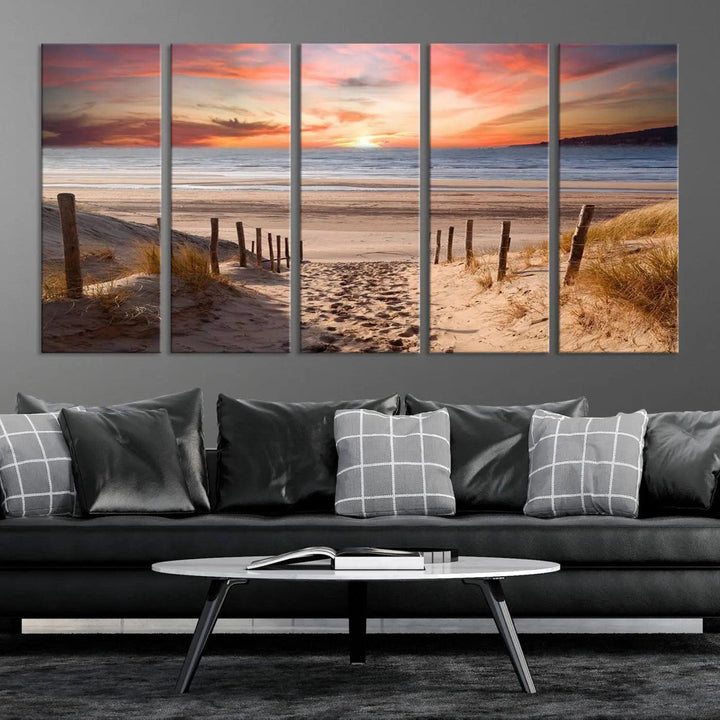 Serene Beach Path Sunset Canvas, Coastal Sand Dunes Wall Art, Vibrant Sunset, Ocean Seascape Triptych, Giclee Print on Canvas, Gallery Wrap Decor