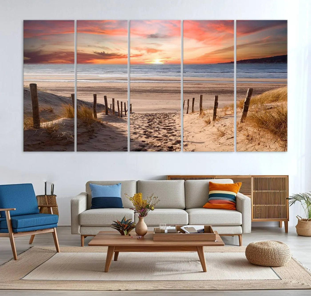 Serene Beach Path Sunset Canvas, Coastal Sand Dunes Wall Art, Vibrant Sunset, Ocean Seascape Triptych, Giclee Print on Canvas, Gallery Wrap Decor