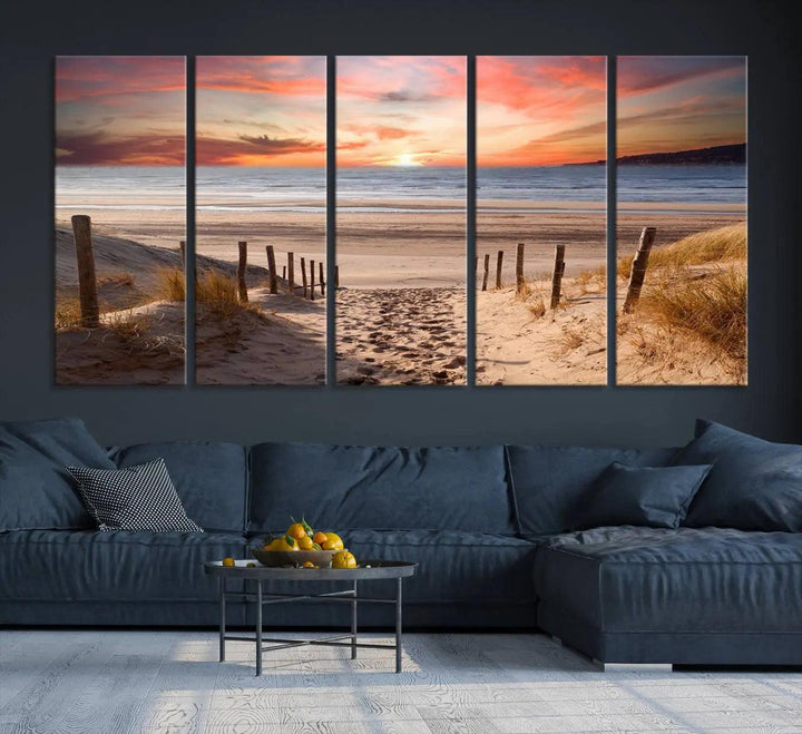 Serene Beach Path Sunset Canvas, Coastal Sand Dunes Wall Art, Vibrant Sunset, Ocean Seascape Triptych, Giclee Print on Canvas, Gallery Wrap Decor