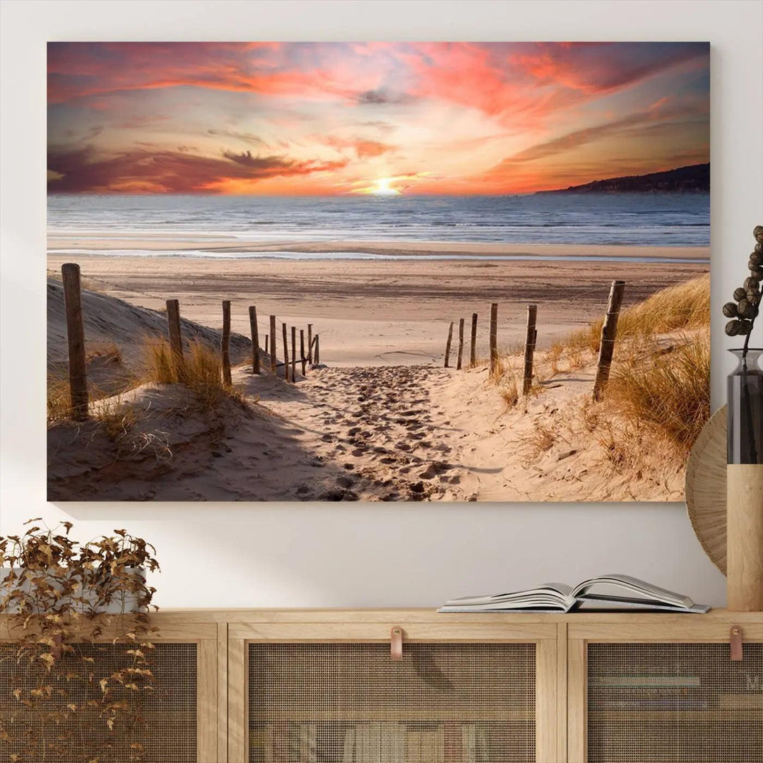 Serene Beach Path Sunset Canvas, Coastal Sand Dunes Wall Art, Vibrant Sunset, Ocean Seascape Triptych, Giclee Print on Canvas, Gallery Wrap Decor