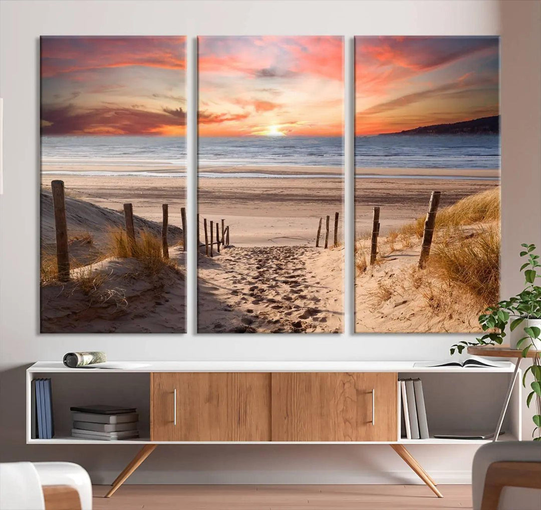 Serene Beach Path Sunset Canvas, Coastal Sand Dunes Wall Art, Vibrant Sunset, Ocean Seascape Triptych, Giclee Print on Canvas, Gallery Wrap Decor