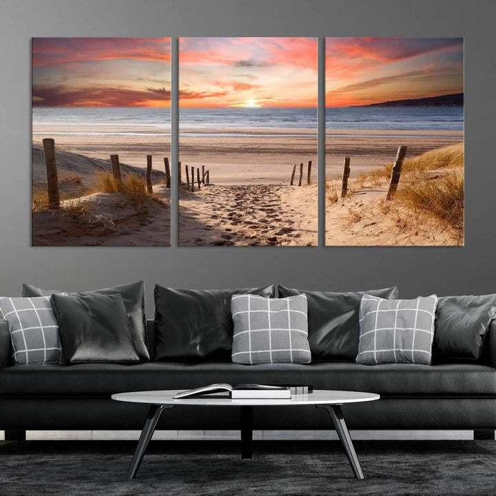 Serene Beach Path Sunset Canvas, Coastal Sand Dunes Wall Art, Vibrant Sunset, Ocean Seascape Triptych, Giclee Print on Canvas, Gallery Wrap Decor