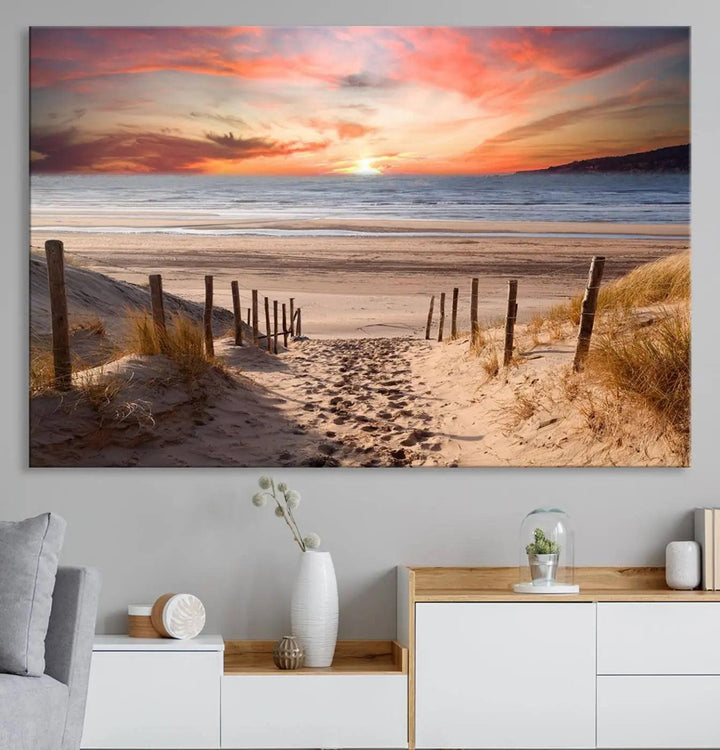 Serene Beach Path Sunset Canvas, Coastal Sand Dunes Wall Art, Vibrant Sunset, Ocean Seascape Triptych, Giclee Print on Canvas, Gallery Wrap Decor