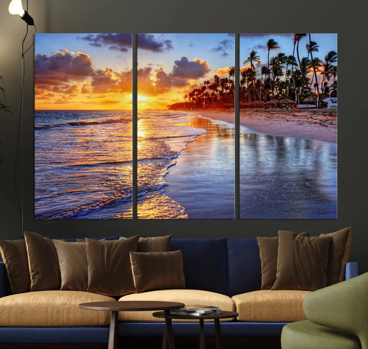 Dining room featuring the Serene Beach Sunset Wall Art, which showcases ocean waves on sand.