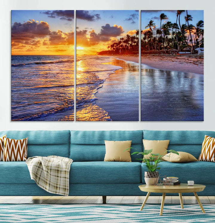 Dining room featuring the Serene Beach Sunset Wall Art, which showcases ocean waves on sand.