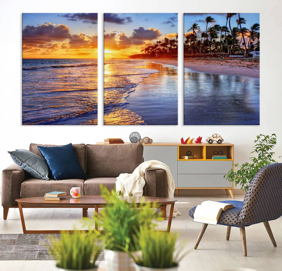 Dining room featuring the Serene Beach Sunset Wall Art, which showcases ocean waves on sand.