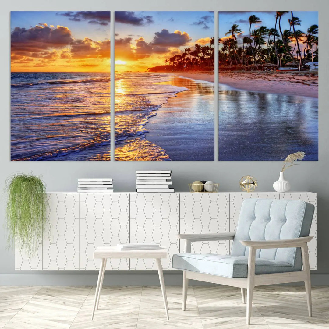 Dining room featuring the Serene Beach Sunset Wall Art, which showcases ocean waves on sand.