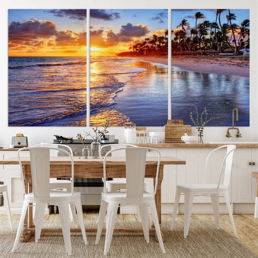 Dining room featuring the Serene Beach Sunset Wall Art, which showcases ocean waves on sand.