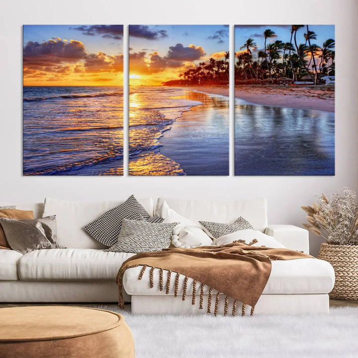 Dining room featuring the Serene Beach Sunset Wall Art, which showcases ocean waves on sand.