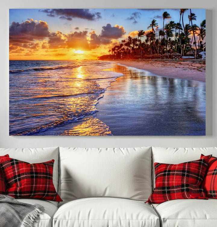 Dining room featuring the Serene Beach Sunset Wall Art, which showcases ocean waves on sand.