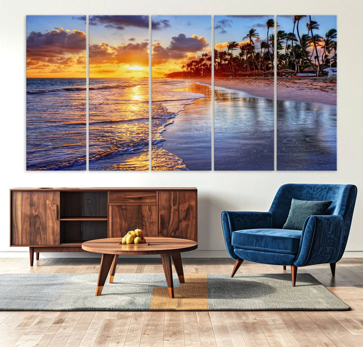 Dining room featuring the Serene Beach Sunset Wall Art, which showcases ocean waves on sand.