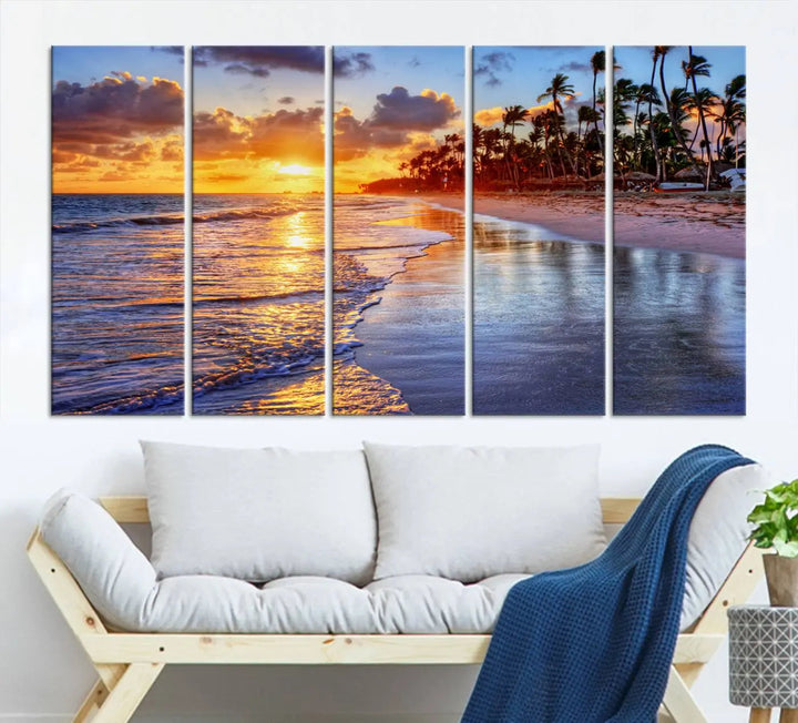 Dining room featuring the Serene Beach Sunset Wall Art, which showcases ocean waves on sand.