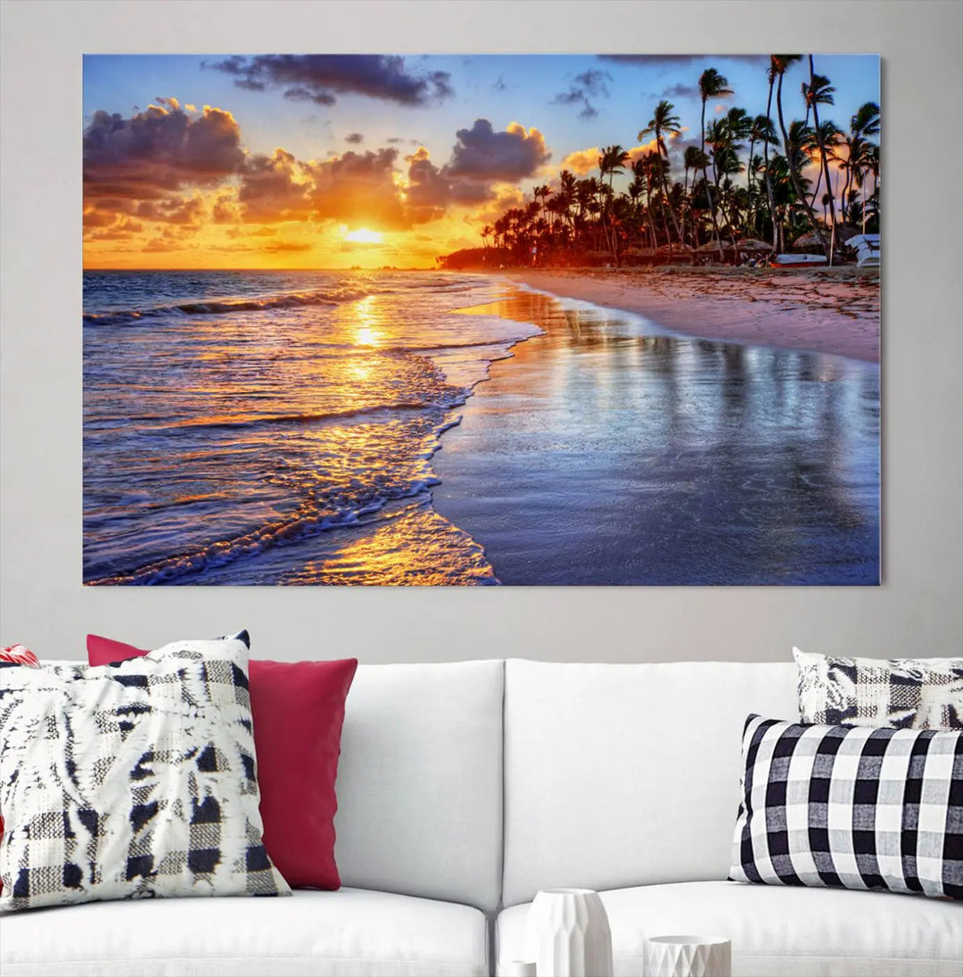 Dining room featuring the Serene Beach Sunset Wall Art, which showcases ocean waves on sand.