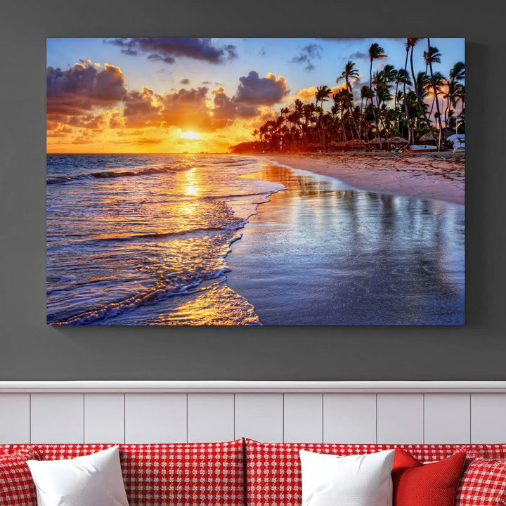 Dining room featuring the Serene Beach Sunset Wall Art, which showcases ocean waves on sand.