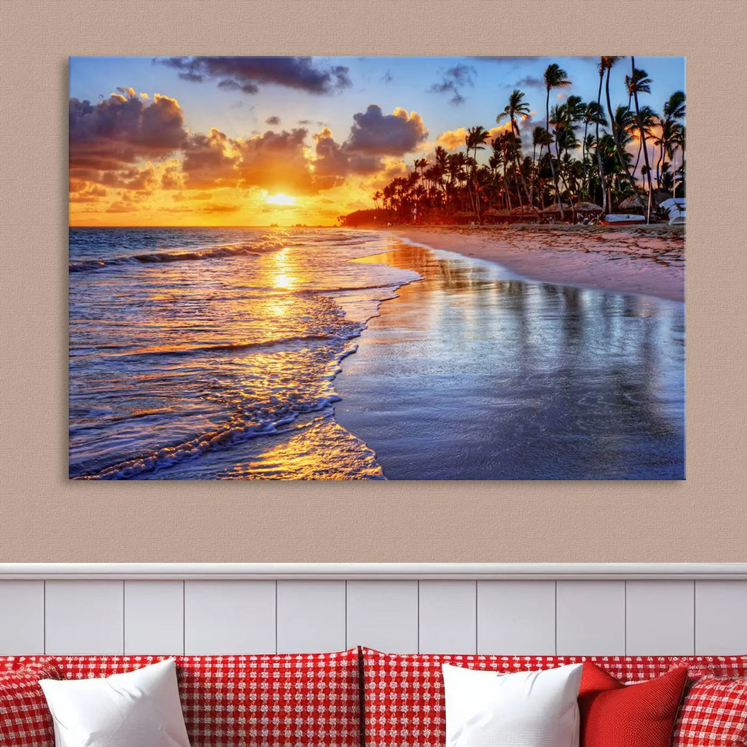 Dining room featuring the Serene Beach Sunset Wall Art, which showcases ocean waves on sand.