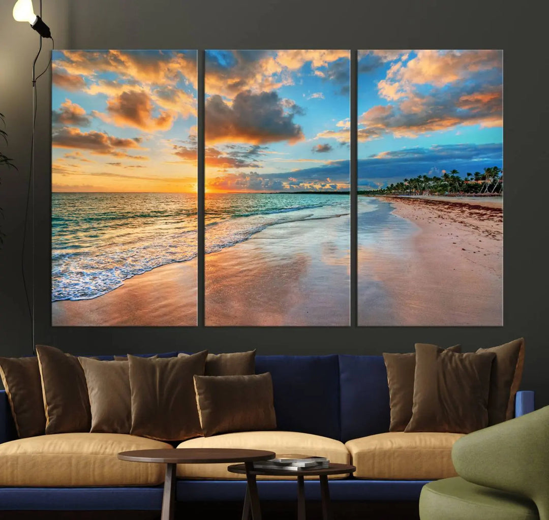 The Serene Beach Sunset Wall Art, a coastal ocean canvas print ready to hang as tropical decor for your home or office, graces the space above the dining table.