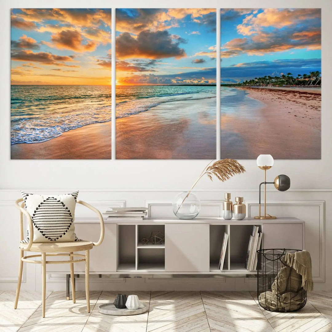 The Serene Beach Sunset Wall Art, a coastal ocean canvas print ready to hang as tropical decor for your home or office, graces the space above the dining table.