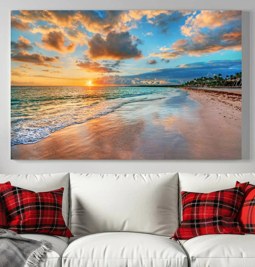 The Serene Beach Sunset Wall Art, a coastal ocean canvas print ready to hang as tropical decor for your home or office, graces the space above the dining table.