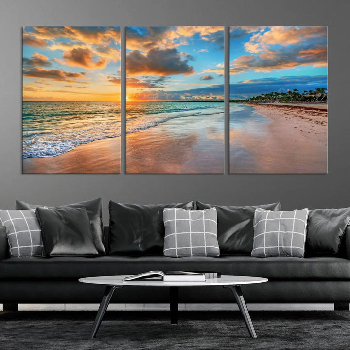 The Serene Beach Sunset Wall Art, a coastal ocean canvas print ready to hang as tropical decor for your home or office, graces the space above the dining table.