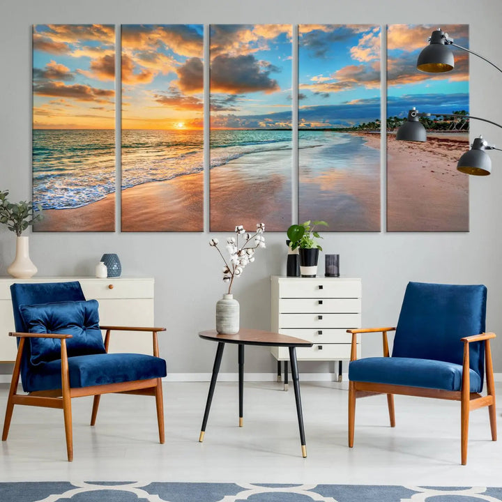 The Serene Beach Sunset Wall Art, a coastal ocean canvas print ready to hang as tropical decor for your home or office, graces the space above the dining table.