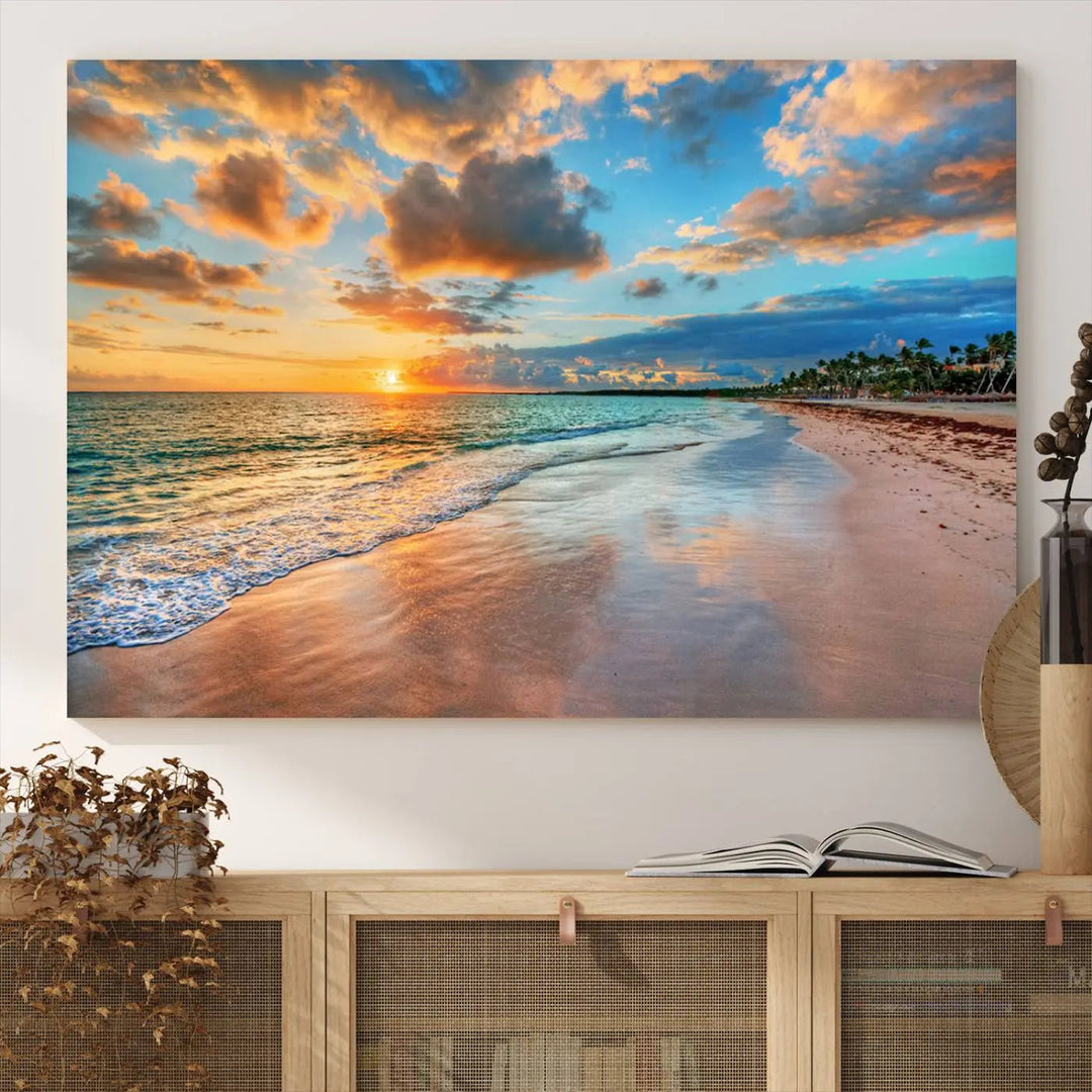 The Serene Beach Sunset Wall Art, a coastal ocean canvas print ready to hang as tropical decor for your home or office, graces the space above the dining table.