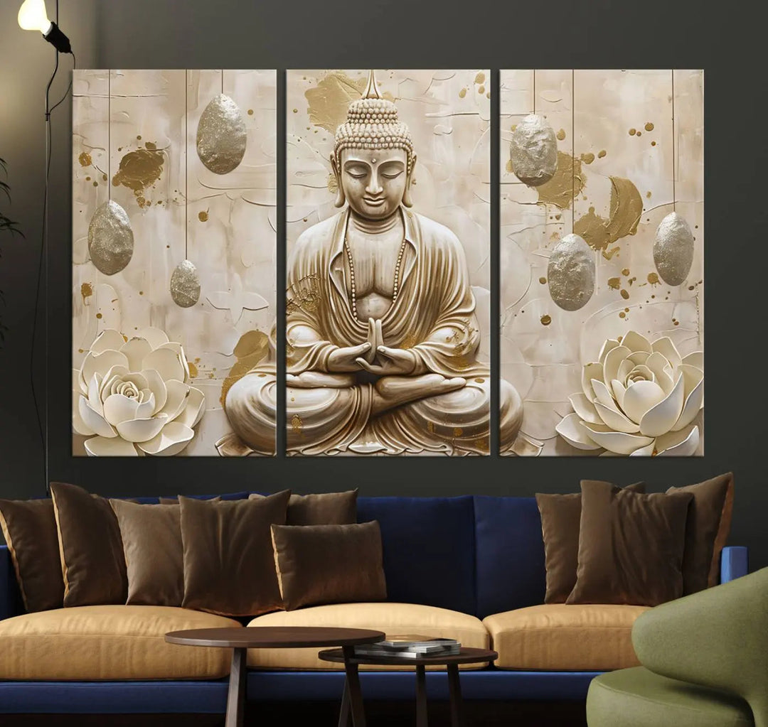 The Serene Buddha Wall Art—Yoga Room Decor and Meditation Wall Art Print—framed and ready to hang, graces the space above the sofa, creating an aura of tranquility.