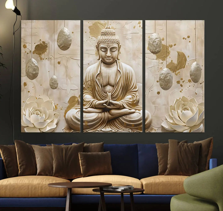 The Serene Buddha Wall Art—Yoga Room Decor and Meditation Wall Art Print—framed and ready to hang, graces the space above the sofa, creating an aura of tranquility.