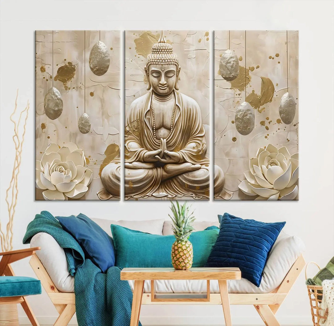 The Serene Buddha Wall Art—Yoga Room Decor and Meditation Wall Art Print—framed and ready to hang, graces the space above the sofa, creating an aura of tranquility.