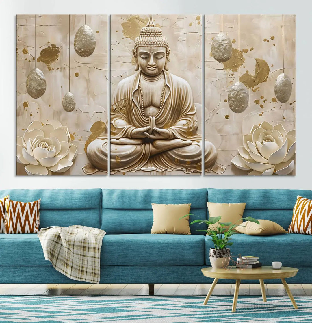 The Serene Buddha Wall Art—Yoga Room Decor and Meditation Wall Art Print—framed and ready to hang, graces the space above the sofa, creating an aura of tranquility.