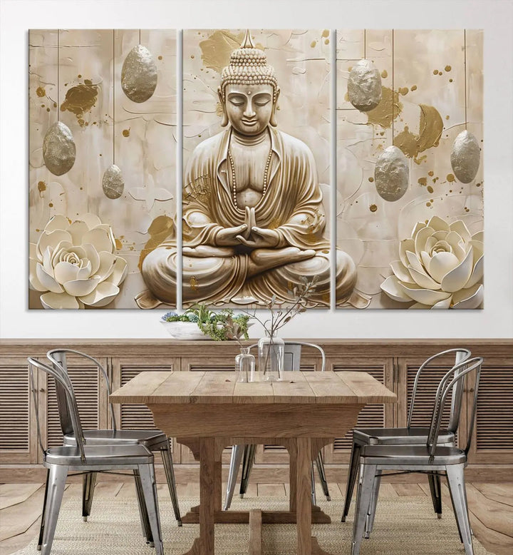 The Serene Buddha Wall Art—Yoga Room Decor and Meditation Wall Art Print—framed and ready to hang, graces the space above the sofa, creating an aura of tranquility.