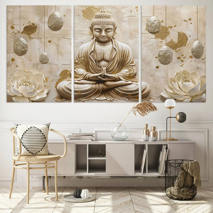 The Serene Buddha Wall Art—Yoga Room Decor and Meditation Wall Art Print—framed and ready to hang, graces the space above the sofa, creating an aura of tranquility.