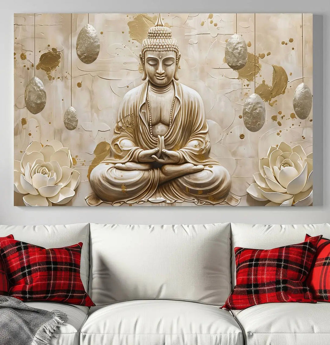 The Serene Buddha Wall Art—Yoga Room Decor and Meditation Wall Art Print—framed and ready to hang, graces the space above the sofa, creating an aura of tranquility.