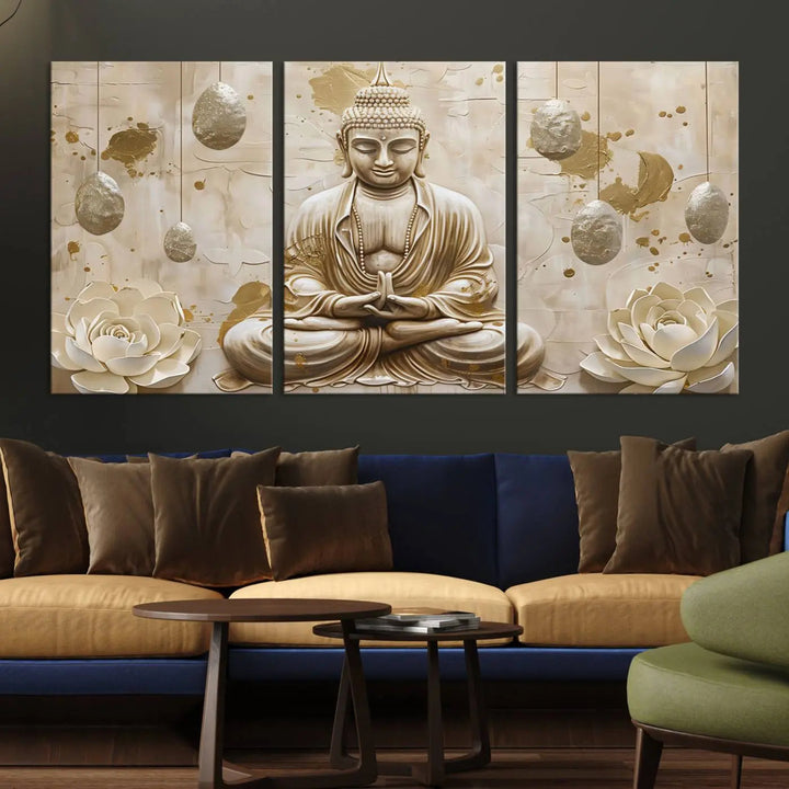 The Serene Buddha Wall Art—Yoga Room Decor and Meditation Wall Art Print—framed and ready to hang, graces the space above the sofa, creating an aura of tranquility.