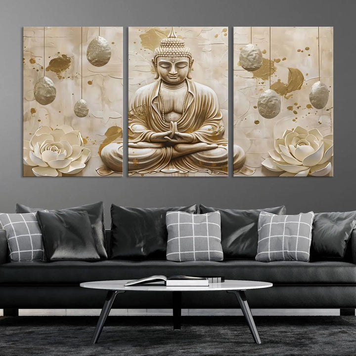 The Serene Buddha Wall Art—Yoga Room Decor and Meditation Wall Art Print—framed and ready to hang, graces the space above the sofa, creating an aura of tranquility.