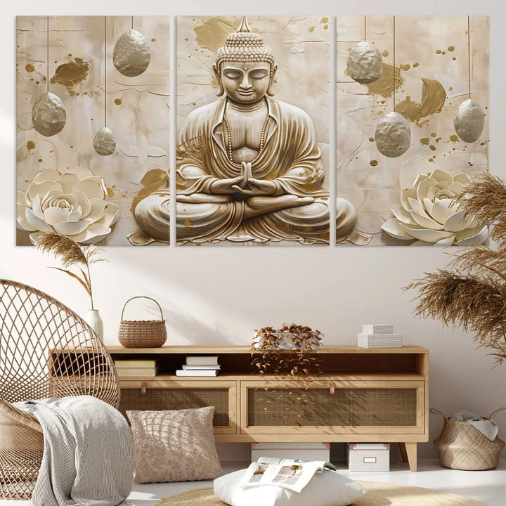 The Serene Buddha Wall Art—Yoga Room Decor and Meditation Wall Art Print—framed and ready to hang, graces the space above the sofa, creating an aura of tranquility.