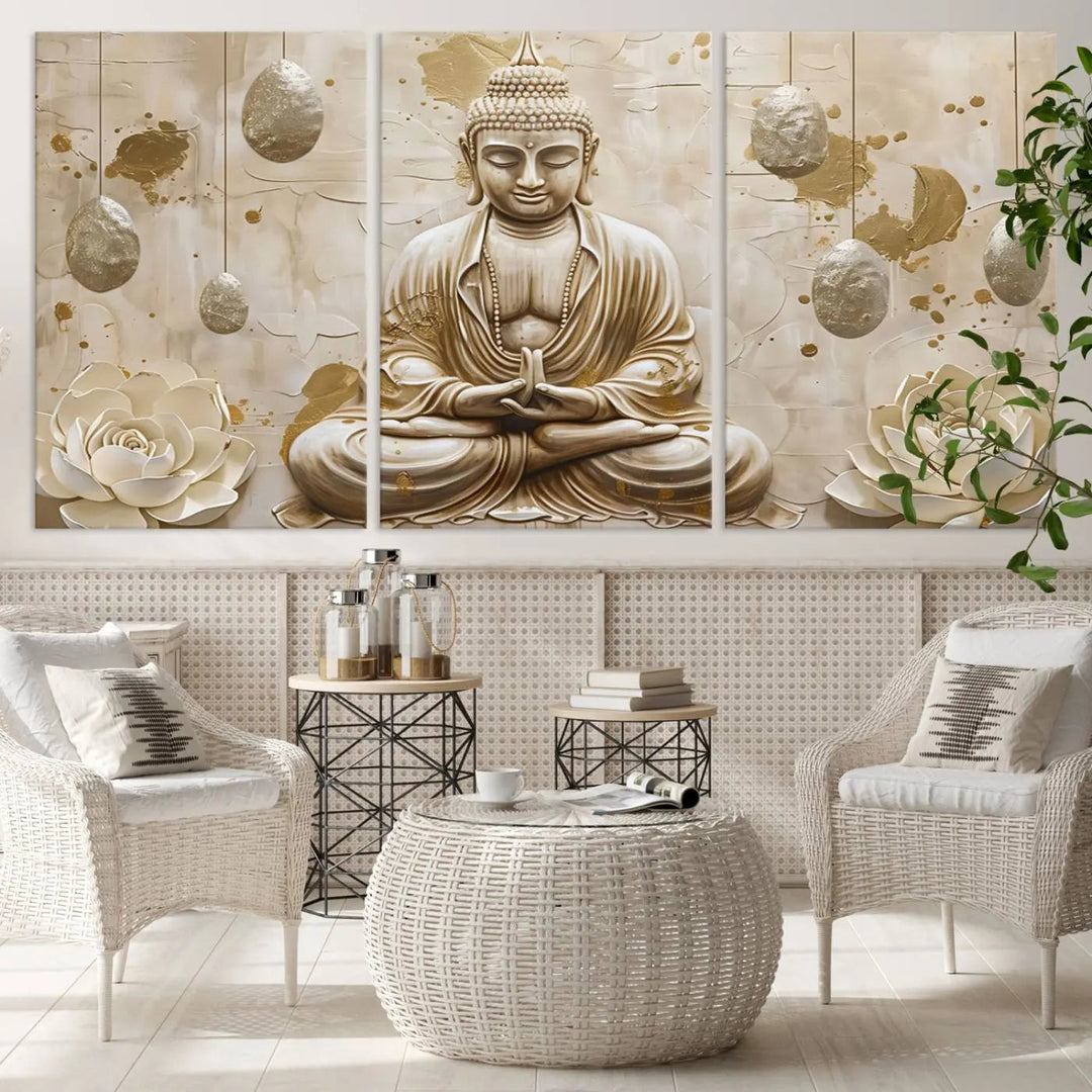 The Serene Buddha Wall Art—Yoga Room Decor and Meditation Wall Art Print—framed and ready to hang, graces the space above the sofa, creating an aura of tranquility.