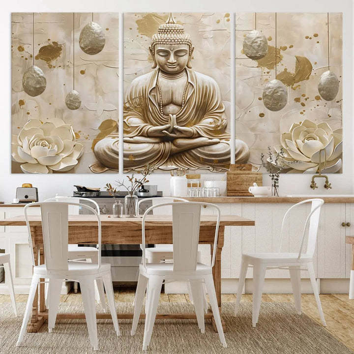 The Serene Buddha Wall Art—Yoga Room Decor and Meditation Wall Art Print—framed and ready to hang, graces the space above the sofa, creating an aura of tranquility.