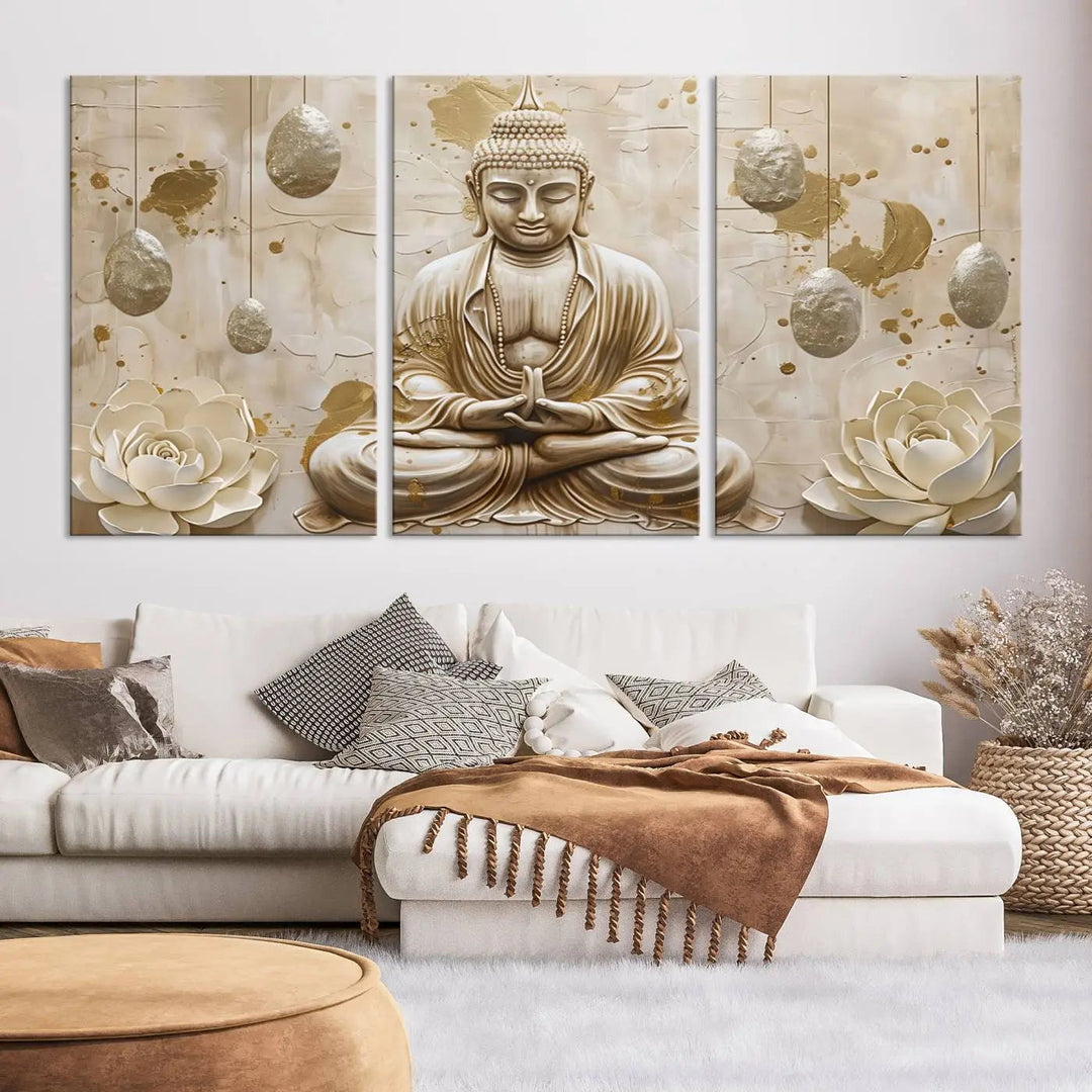 The Serene Buddha Wall Art—Yoga Room Decor and Meditation Wall Art Print—framed and ready to hang, graces the space above the sofa, creating an aura of tranquility.