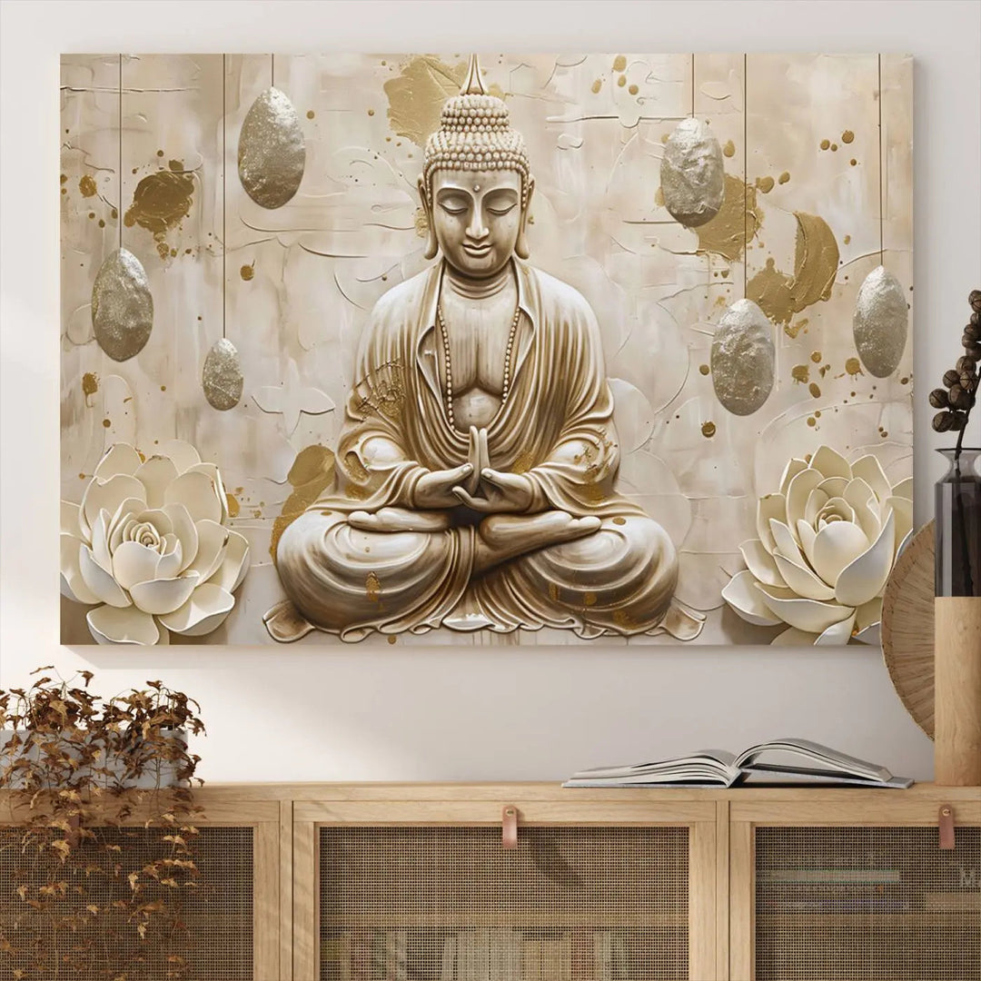 The Serene Buddha Wall Art—Yoga Room Decor and Meditation Wall Art Print—framed and ready to hang, graces the space above the sofa, creating an aura of tranquility.