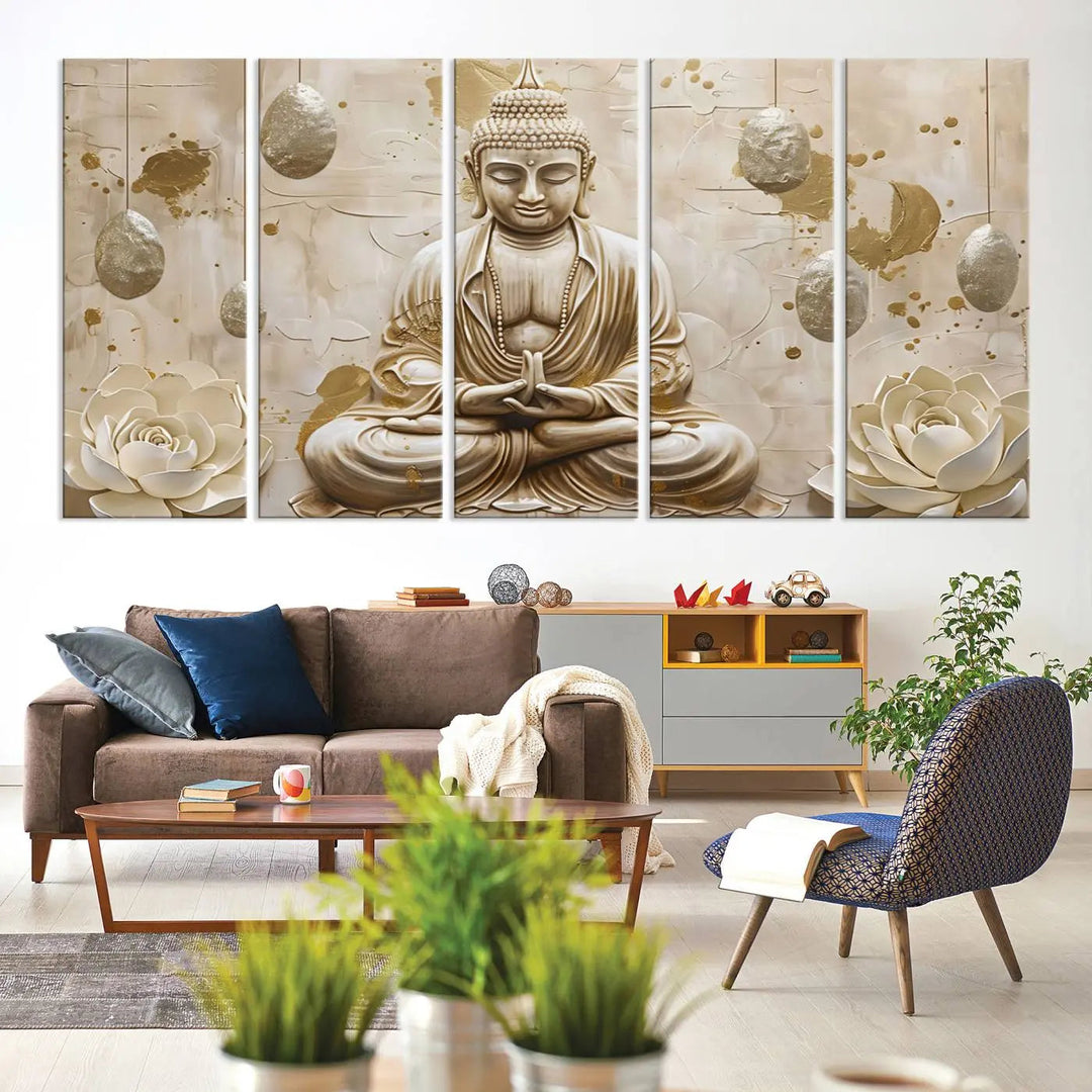 The Serene Buddha Wall Art—Yoga Room Decor and Meditation Wall Art Print—framed and ready to hang, graces the space above the sofa, creating an aura of tranquility.