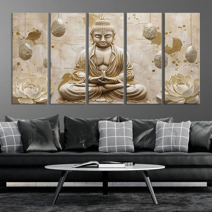 The Serene Buddha Wall Art—Yoga Room Decor and Meditation Wall Art Print—framed and ready to hang, graces the space above the sofa, creating an aura of tranquility.