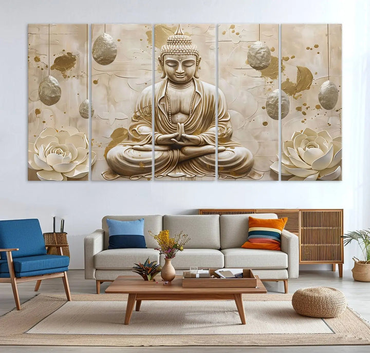 The Serene Buddha Wall Art—Yoga Room Decor and Meditation Wall Art Print—framed and ready to hang, graces the space above the sofa, creating an aura of tranquility.