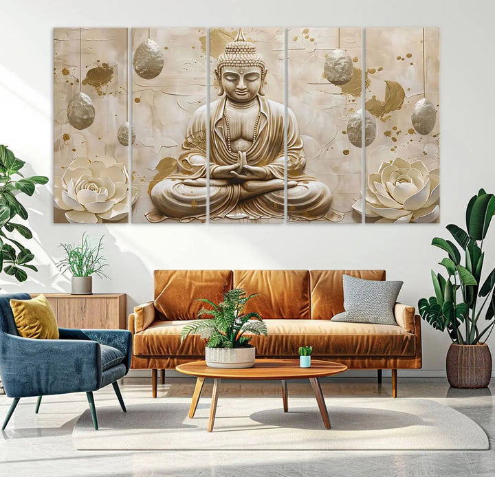 The Serene Buddha Wall Art—Yoga Room Decor and Meditation Wall Art Print—framed and ready to hang, graces the space above the sofa, creating an aura of tranquility.