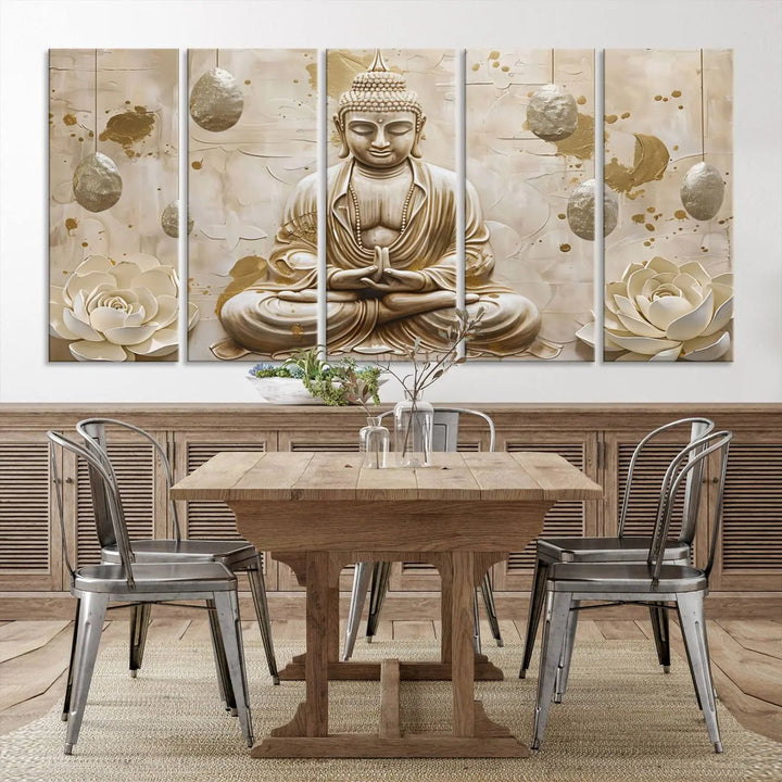 The Serene Buddha Wall Art—Yoga Room Decor and Meditation Wall Art Print—framed and ready to hang, graces the space above the sofa, creating an aura of tranquility.