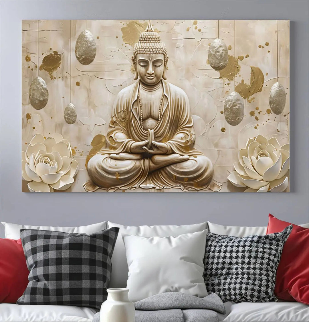 The Serene Buddha Wall Art—Yoga Room Decor and Meditation Wall Art Print—framed and ready to hang, graces the space above the sofa, creating an aura of tranquility.