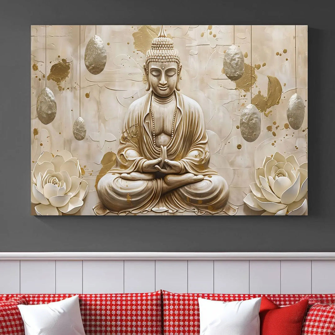 The Serene Buddha Wall Art—Yoga Room Decor and Meditation Wall Art Print—framed and ready to hang, graces the space above the sofa, creating an aura of tranquility.