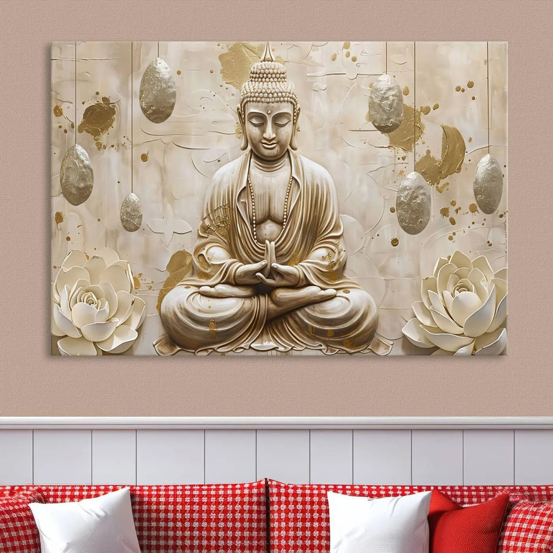 The Serene Buddha Wall Art—Yoga Room Decor and Meditation Wall Art Print—framed and ready to hang, graces the space above the sofa, creating an aura of tranquility.