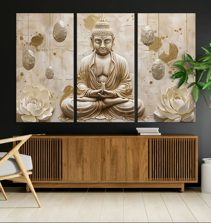 The Serene Buddha Wall Art—Yoga Room Decor and Meditation Wall Art Print—framed and ready to hang, graces the space above the sofa, creating an aura of tranquility.